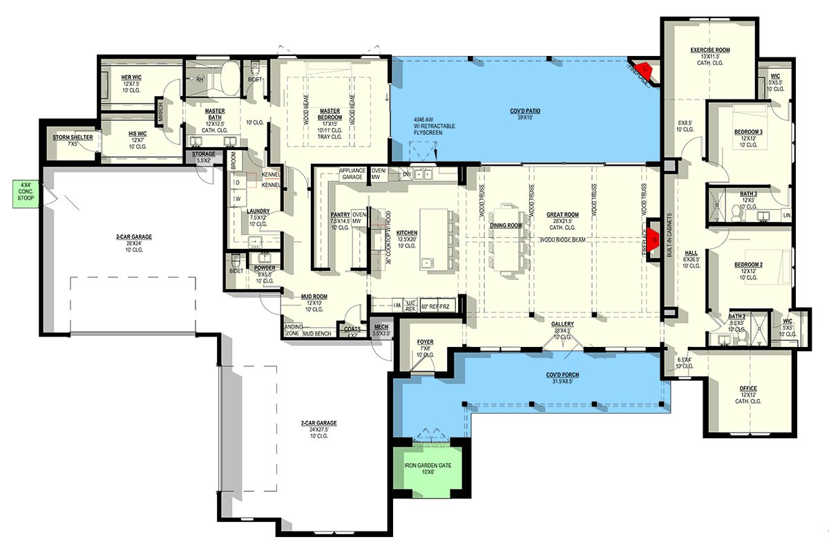 Plan 405073FDC: 3-Bedroom Hill Country Modern Farmhouse House Plan with 4-Car Garage - Floor Plan - Main Level - Hill Country, Modern Farmhouse, Traditional, Transitional