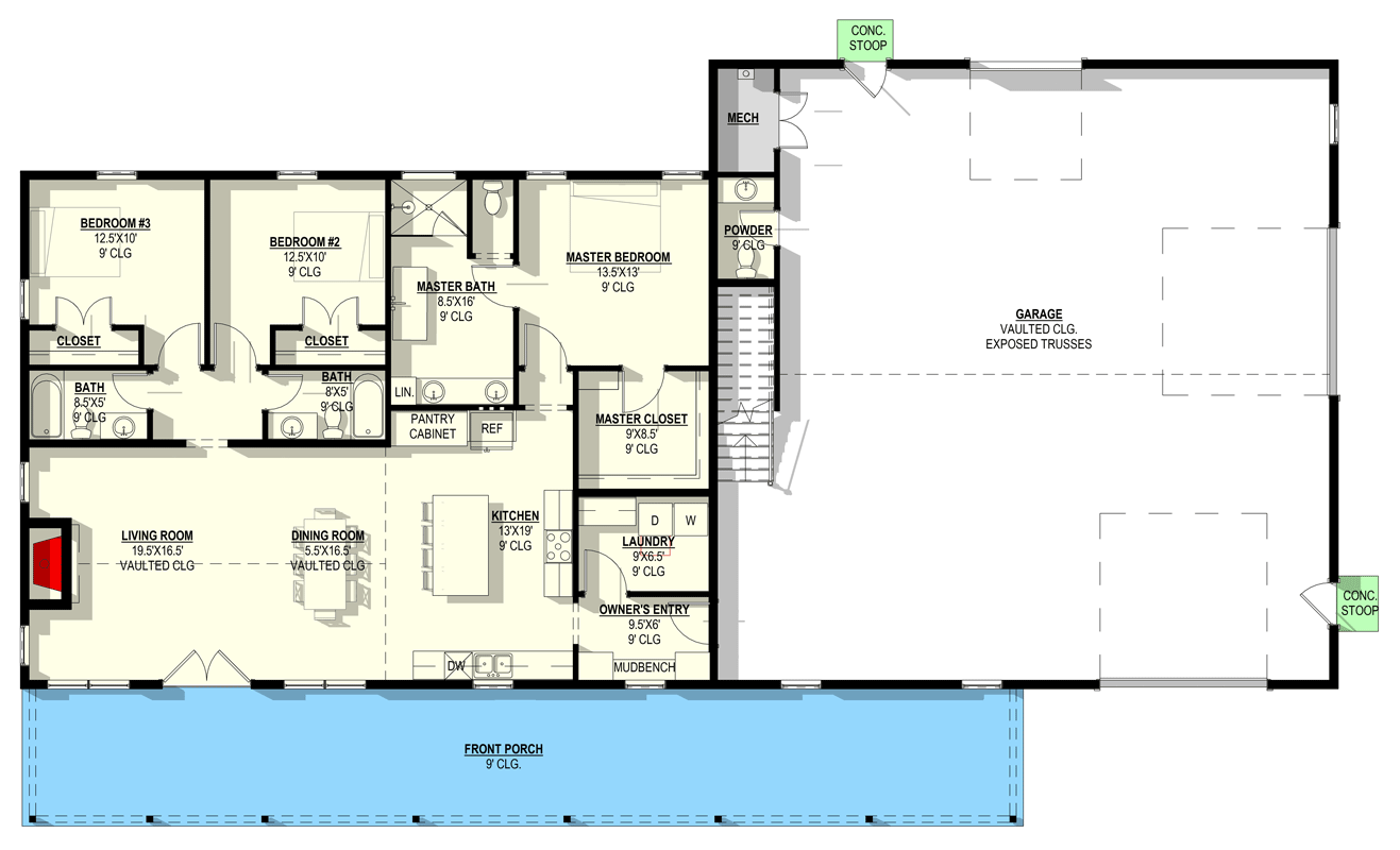 Plan 405077FDC: Expansive Barndominium House Plan with 4 Beds, Workshop, Covered Porch - Floor Plan - Main Level - Barndominium