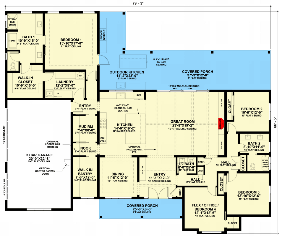 Plan 421035HFC: Transitional Modern Farmhouse House Plan with Outdoor Kitchen and Flex Space - Floor Plan - Main Level - Country, Craftsman, Modern Farmhouse, New American, Transitional
