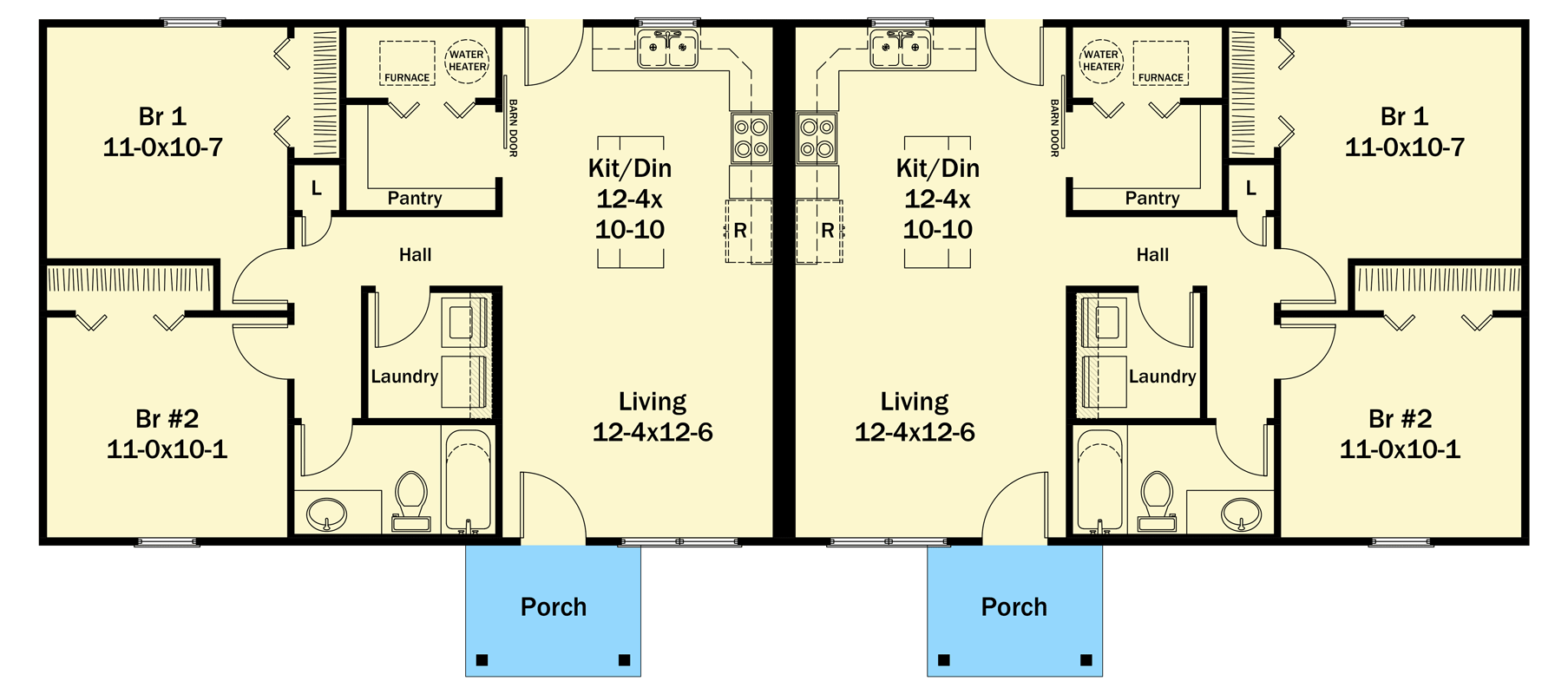 Plan 57243HA: Traditional 4 Bed Duplex Plan with Open-Concept Living - Floor Plan - Main Level - Ranch, Traditional