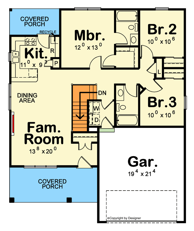 Plan 42484DB: Stylish Modern Ranch House Plan with 3 Beds, 2 Baths, and Mudroom - Floor Plan - Main Level - Cottage, Modern, Ranch