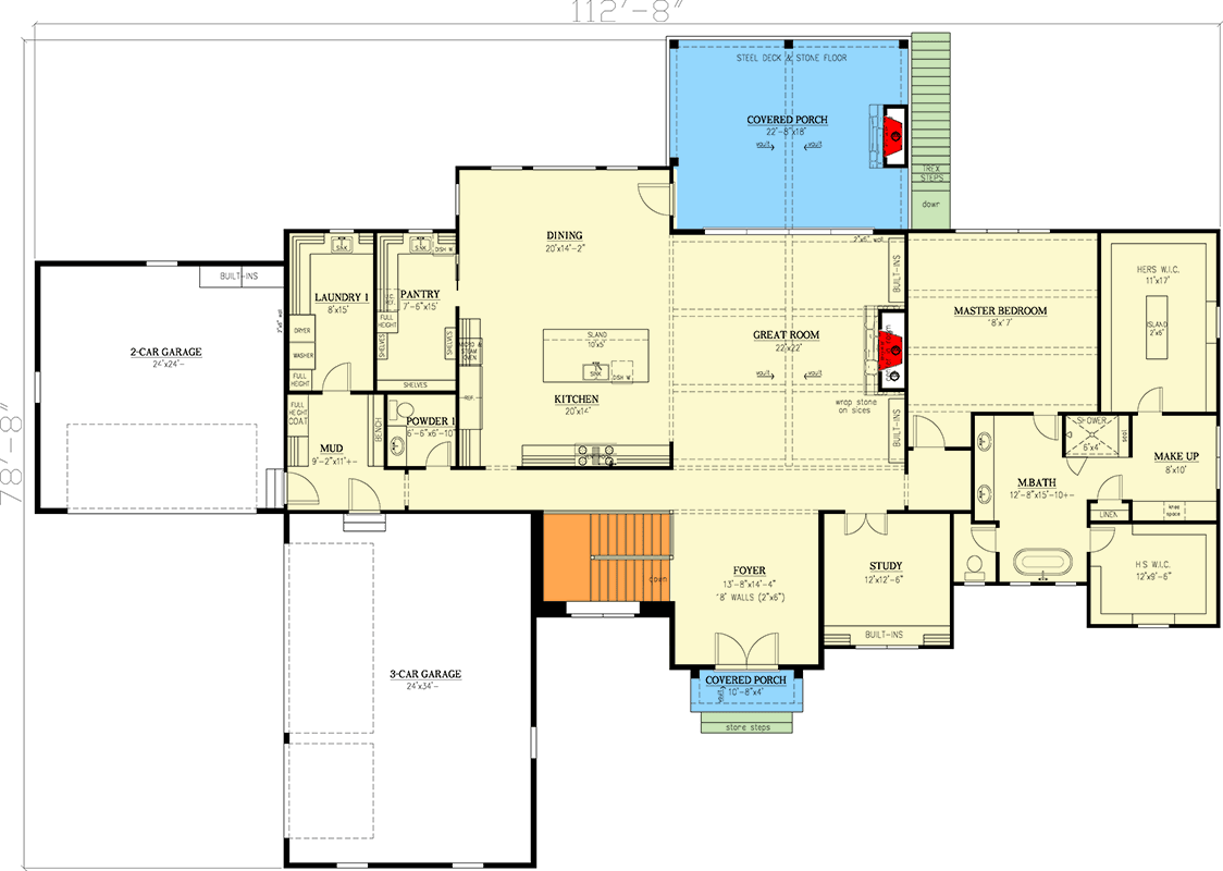 Plan 24427TW: Expansive Stone and Wood House Plan with Dual Master Suites and 5-Car Garage - Floor Plan - Main Level - European, Modern