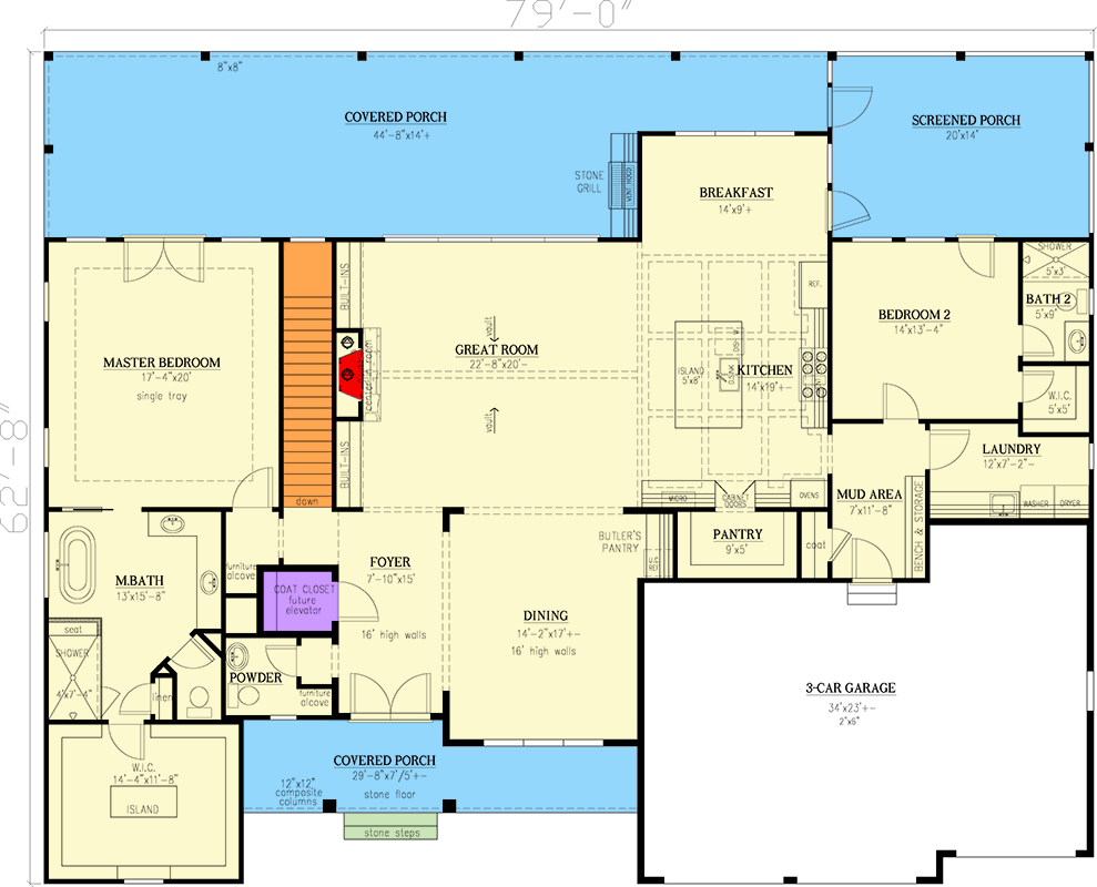 Plan 24430TW: Craftsman House Plan with Master on Main and Outdoor Kitchen - Floor Plan - Main Level - Craftsman, Traditional