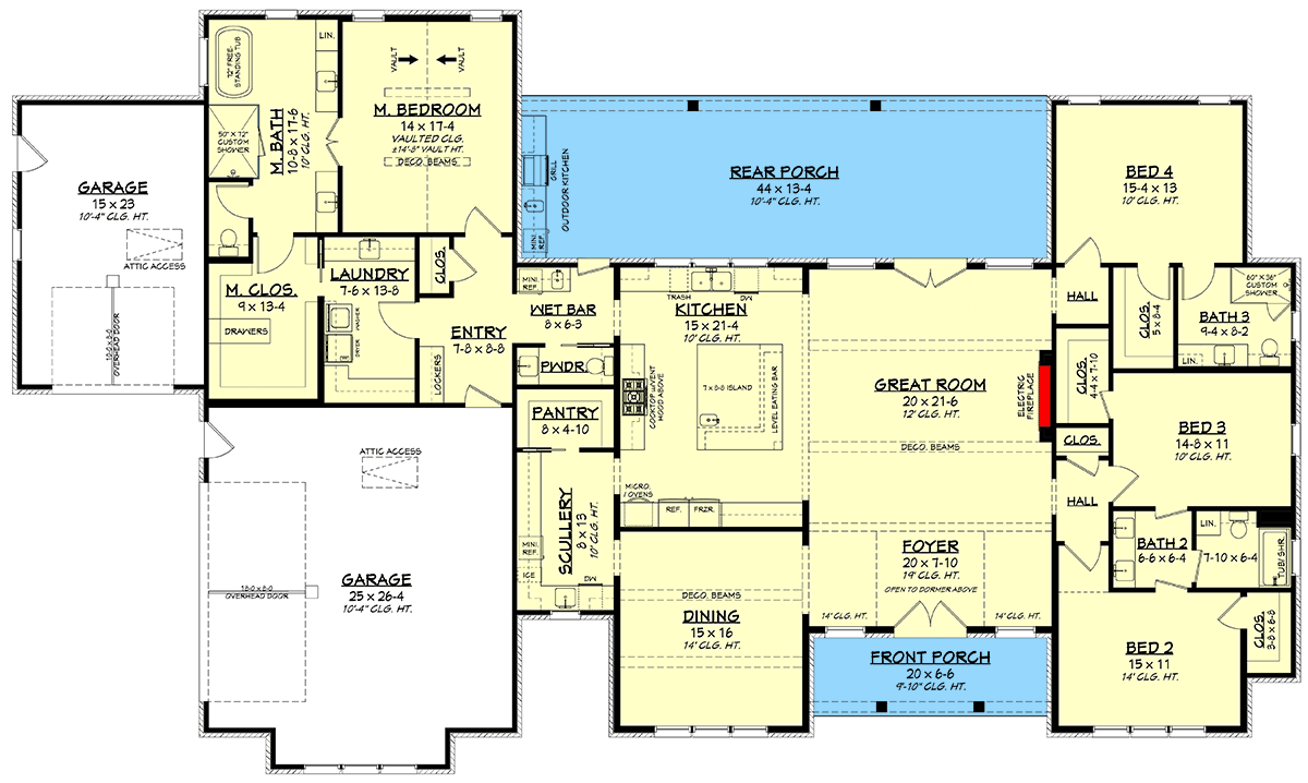 Plan 52024HZ: Grand Modern Farmhouse House Plan with Split Bedrooms and Outdoor Kitchen - Floor Plan - Main Level - Modern Farmhouse, Traditional, Transitional