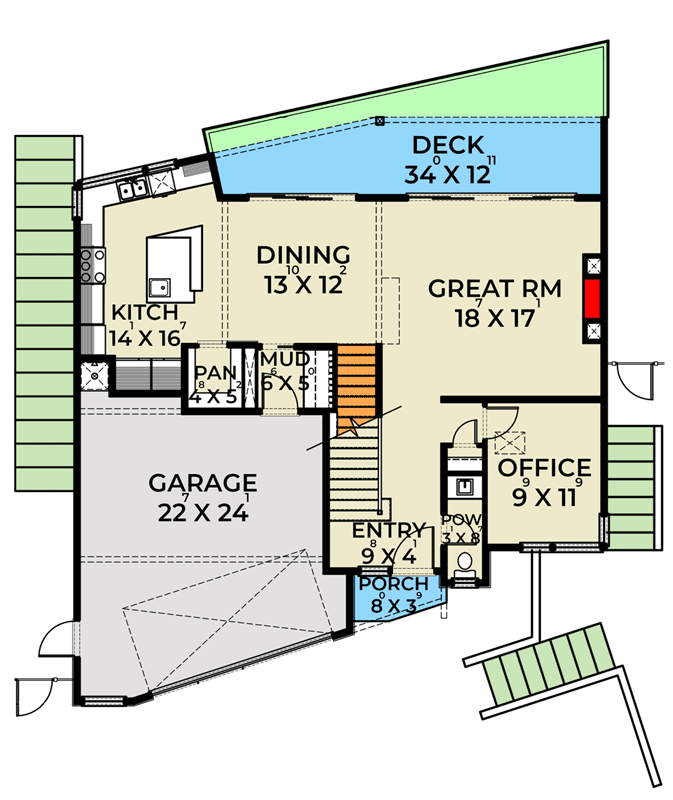 Plan 280259JWD: Northwest Modern House Plan with Walkout, Dual Decks, and Home Office - Floor Plan - Main Level - Contemporary, Modern, Northwest