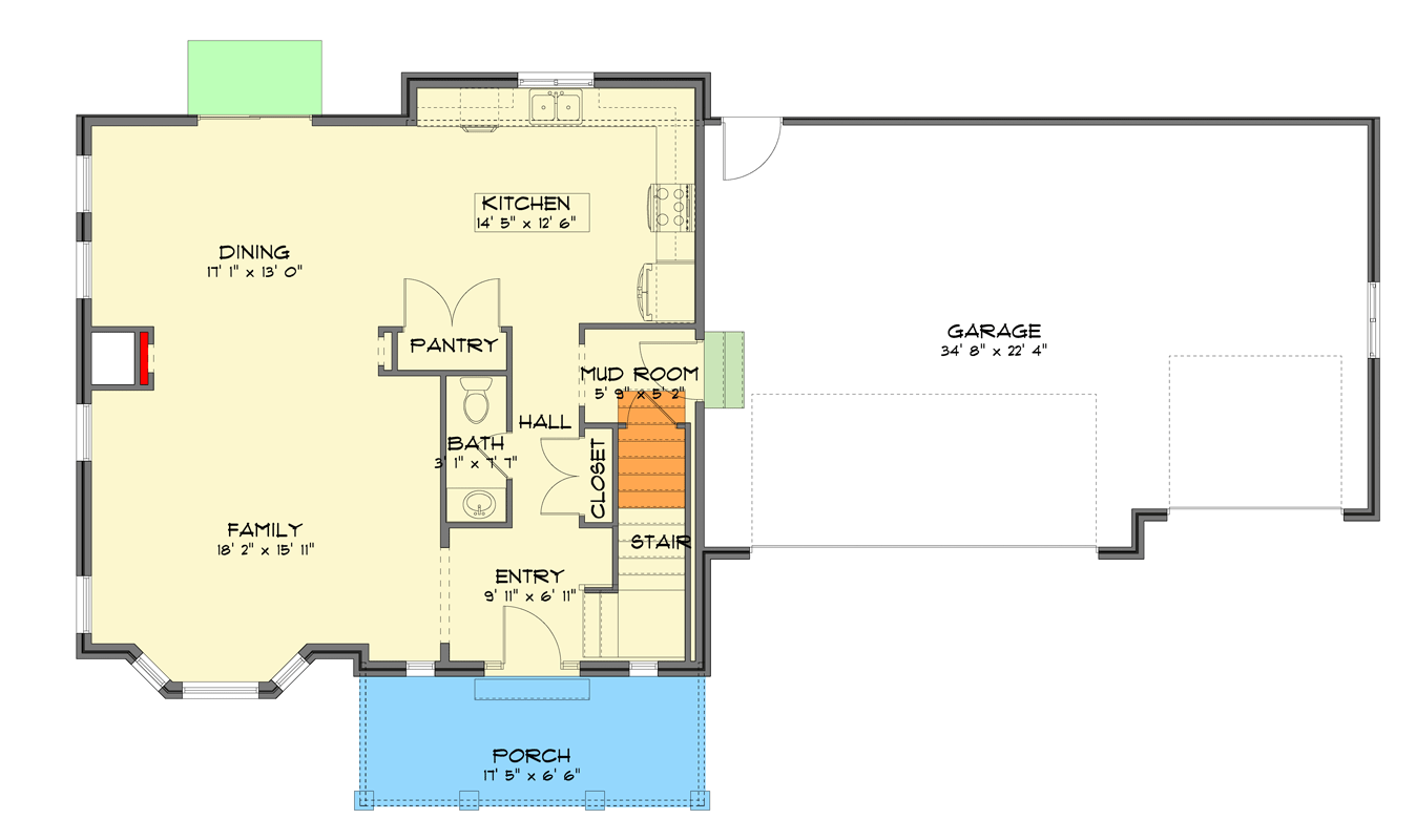 Plan 61693UT: Traditional House Plan with Upstairs Laundry, Loft, and Three-Car Garage - Floor Plan - Main Level - Farmhouse, Modern Farmhouse, Traditional
