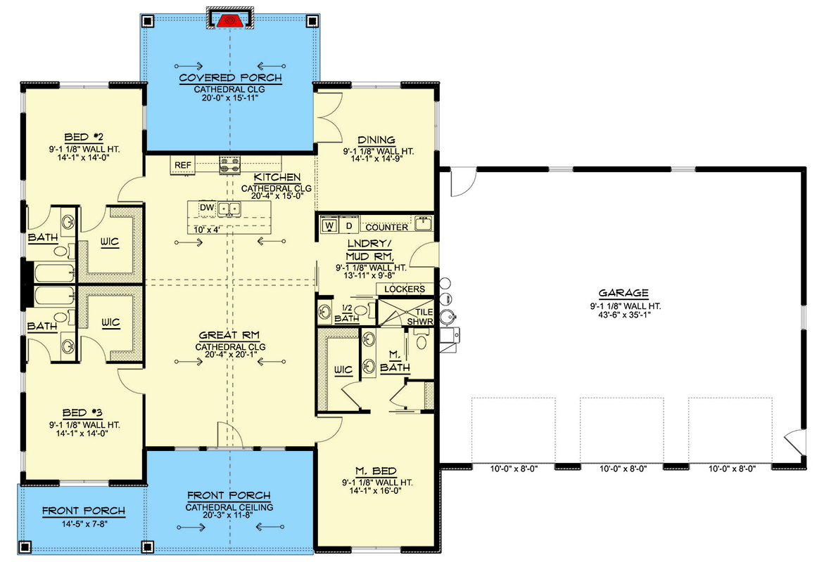 Plan 135408GRA: Modern Ranch House Plan with Split Bedrooms and 3-Car Garage - Floor Plan - Main Level - Barndominium, Contemporary, Modern, Ranch