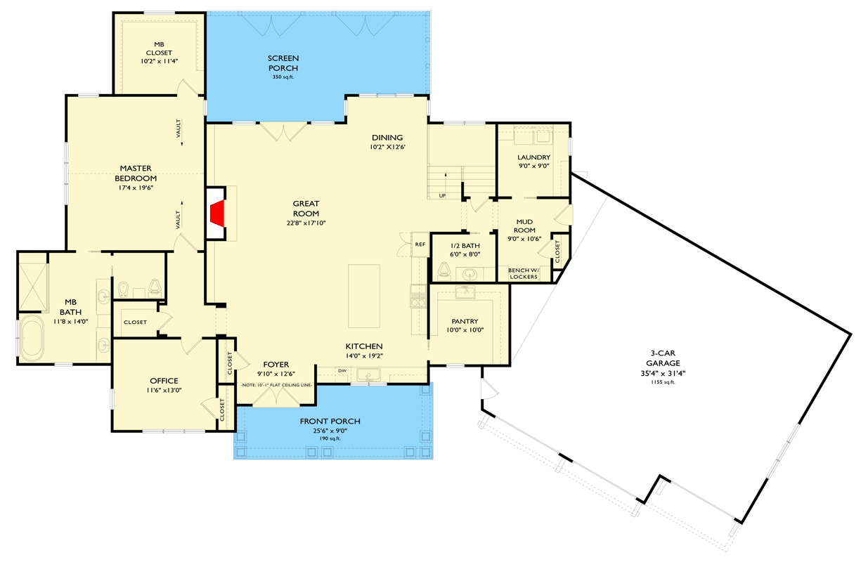 Plan 750011LDG: Modern Farmhouse House Plan with Main-Level Master and Two-Story Great Room - Floor Plan - Main Level - Hill Country, Modern Farmhouse, Mountain, Rustic