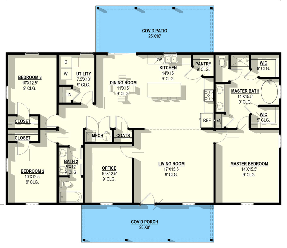 Plan 405090FDC: Modern Farmhouse Plan with Split Beds, Office & Covered Porches - Floor Plan - Main Level - Barndominium, Farmhouse, Modern Farmhouse