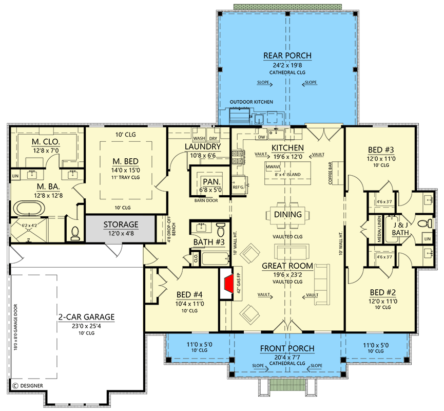 Plan 56566SM: 4-Bed Modern Farmhouse Plan with Vaulted Great Room and Outdoor Kitchen - Floor Plan - Main Level - Farmhouse, Modern Farmhouse