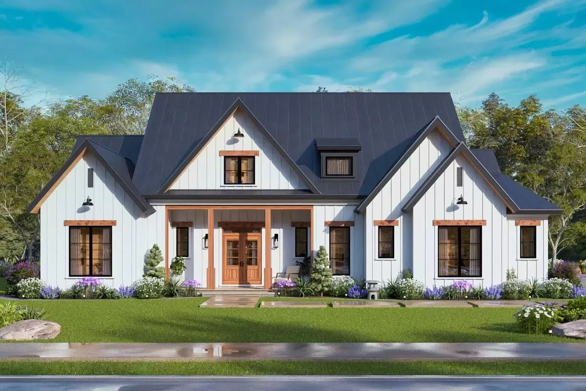 Modern Farmhouse House Plan with Split Beds and Outdoor Kitchen