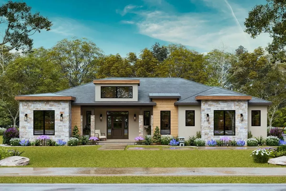 Modern 3-Bedroom House Plan with Outdoor Kitchen and Two-Story Great Room