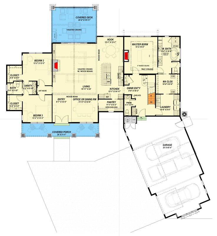 Plan 64567SC: Expansive Modern Farmhouse House Plan with 3 Beds and Angled 3-Car Garage - Floor Plan - Main Level - Country, Farmhouse, Modern Farmhouse, Mountain