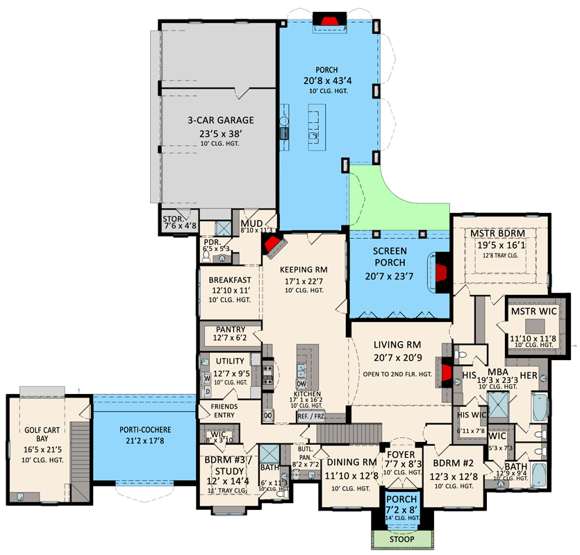 Plan 510263WDY: Grand French Country House Plan with Porte Cochere and 5 Suites - Floor Plan - Main Level - European, French Country, Transitional