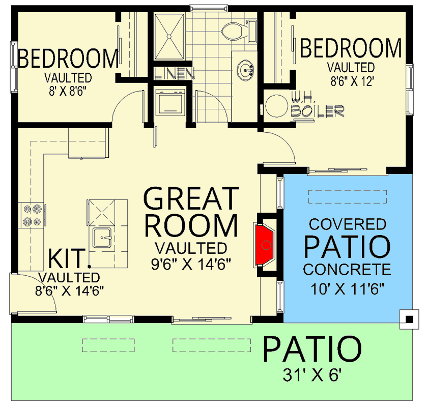 Plan 267096SPK: Sleek Modern ADU House Plan with 2 Beds and Vaulted Open-Concept Living - Floor Plan - Main Level - Cabin, Modern, Mountain, Vacation