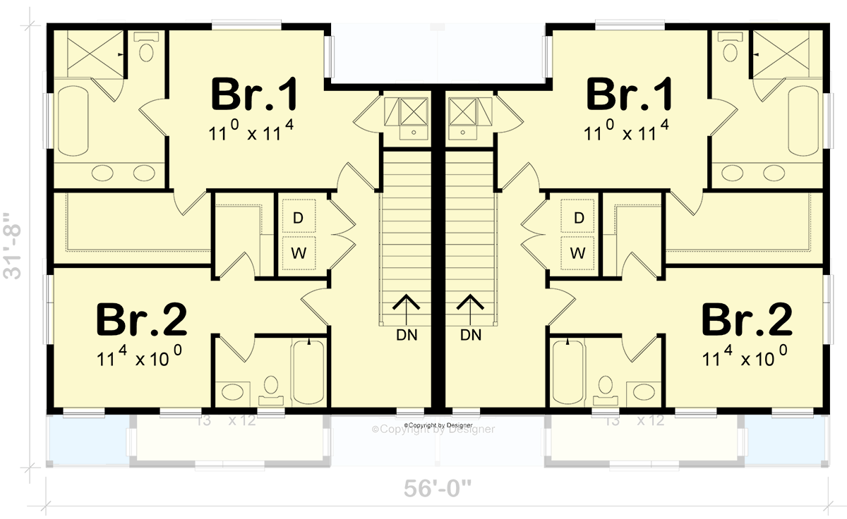 Plan 42487DB: Modern Duplex House Plan with 6 Beds and 4 Car Drive-Under Garage - Floor Plan - 2nd Floor - Contemporary, Modern