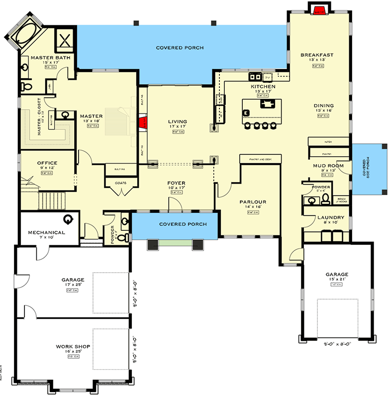 Plan 147057RML: Elegant Transitional Ranch House Plan: 3 Beds, 3-Car Garage, Bonus Room - Floor Plan - Main Level - Ranch, Transitional