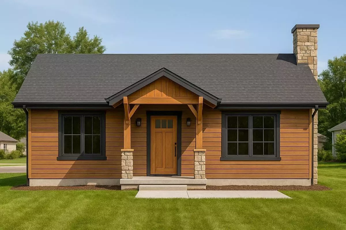 Cozy Cabin House Plan with Wood Stove and Patio