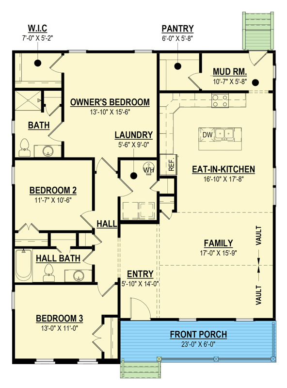 Plan 83680CRW: Charming 3-Bed Cottage House Plan with Vaulted Family Room - Floor Plan - Main Level - Cottage, Ranch, Traditional