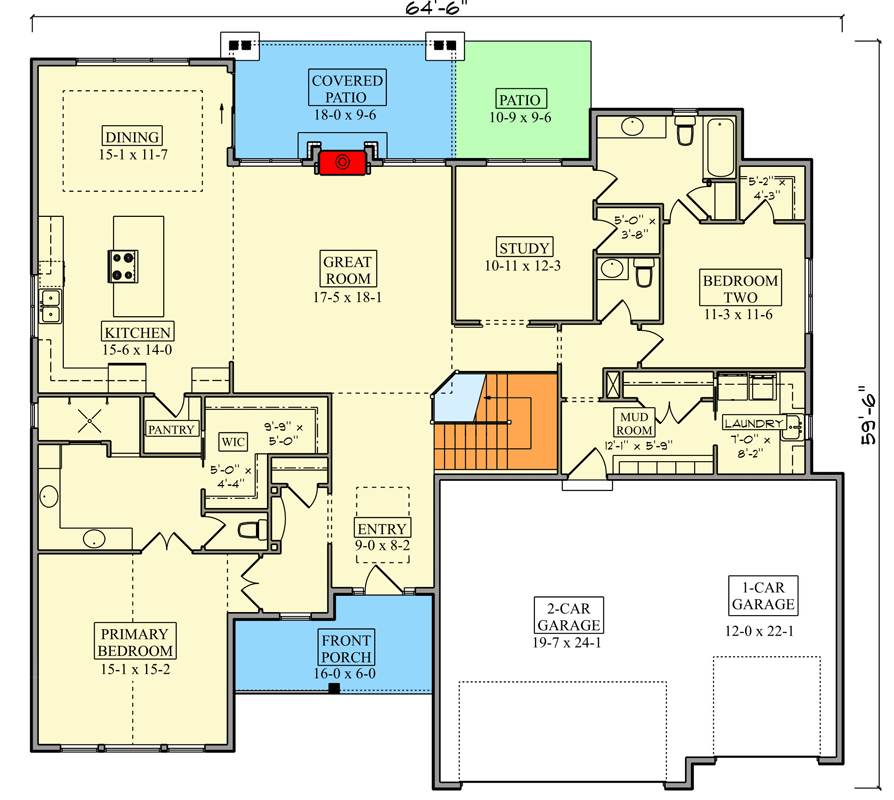Plan 95343RW: Craftsman House Plan with Flexible Bedroom Options and Outdoor Fireplace - Floor Plan - Main Level - Craftsman, Northwest, Ranch