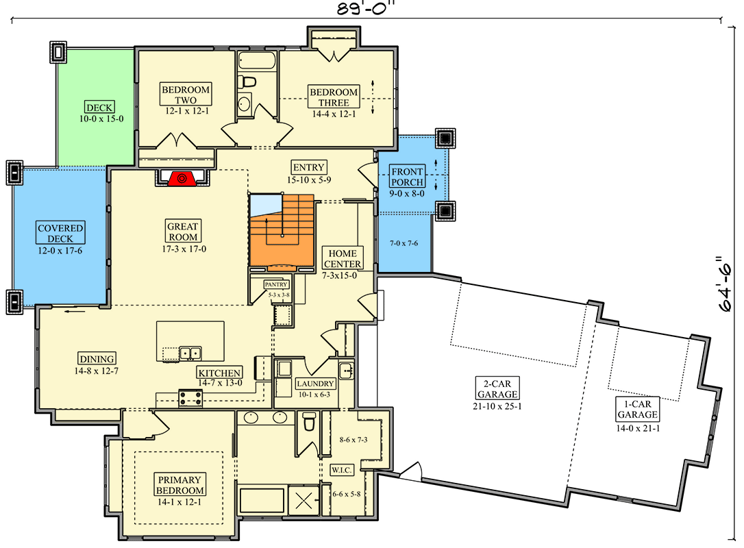 Plan 95348RW: Luxury Craftsman Ranch House Plan with Split Bedrooms and Angled 3-Car Garage - Floor Plan - Main Level - Craftsman, Mountain, New American, Ranch, Traditional