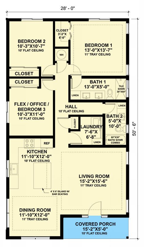 Plan 421038HFC: Sleek Contemporary 2-3 Bed House Plan with Flex Room and Covered Porch - Floor Plan - Main Level - Contemporary, Cottage, Country, Modern, Northwest