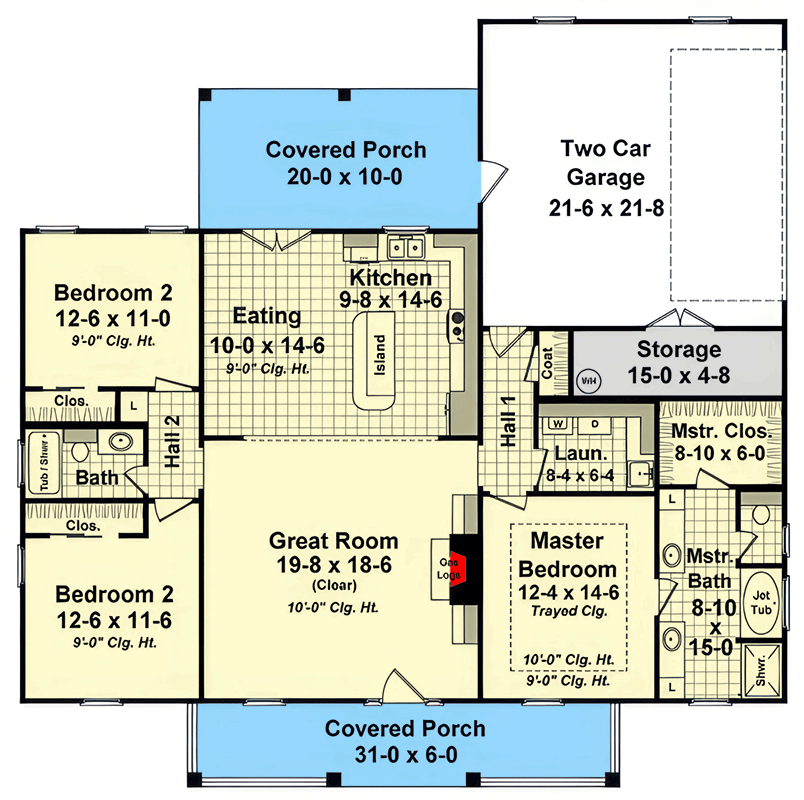 Plan 51362MM: Charming 3-Bed French Country House Plan with Split Bedrooms and Inviting Porches - Floor Plan - Main Level - French Country, Modern Farmhouse, Traditional