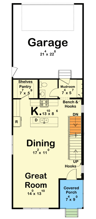 Plan 623598DJ: Narrow Transitional Townhouse Plan: 3 Beds, 2-Car Garage, Upstairs Laundry - Floor Plan - Main Level - Basement Stairs Location - Farmhouse, Modern, Modern Farmhouse, Traditional, Transitional