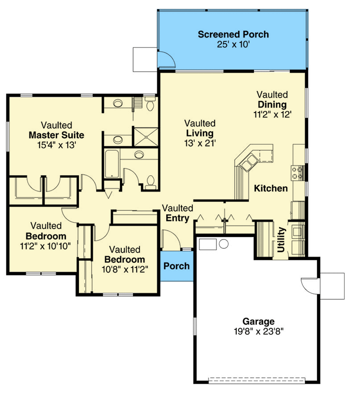 Plan 720171DA: Mediterranean Ranch House Plan with Vaulted Ceilings and Screened Porch - Floor Plan - Main Level - Florida-Style, Mediterranean, Ranch, Spanish
