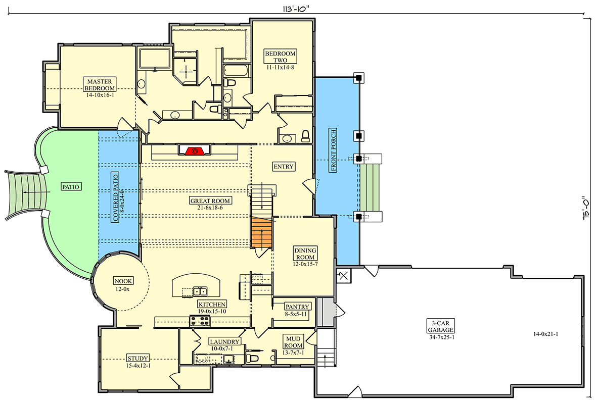 Plan 95351RW: Grand 4-Bedroom Modern Transitional House Plan with Two-Story Great Room - Floor Plan - Main Level - Modern, Transitional