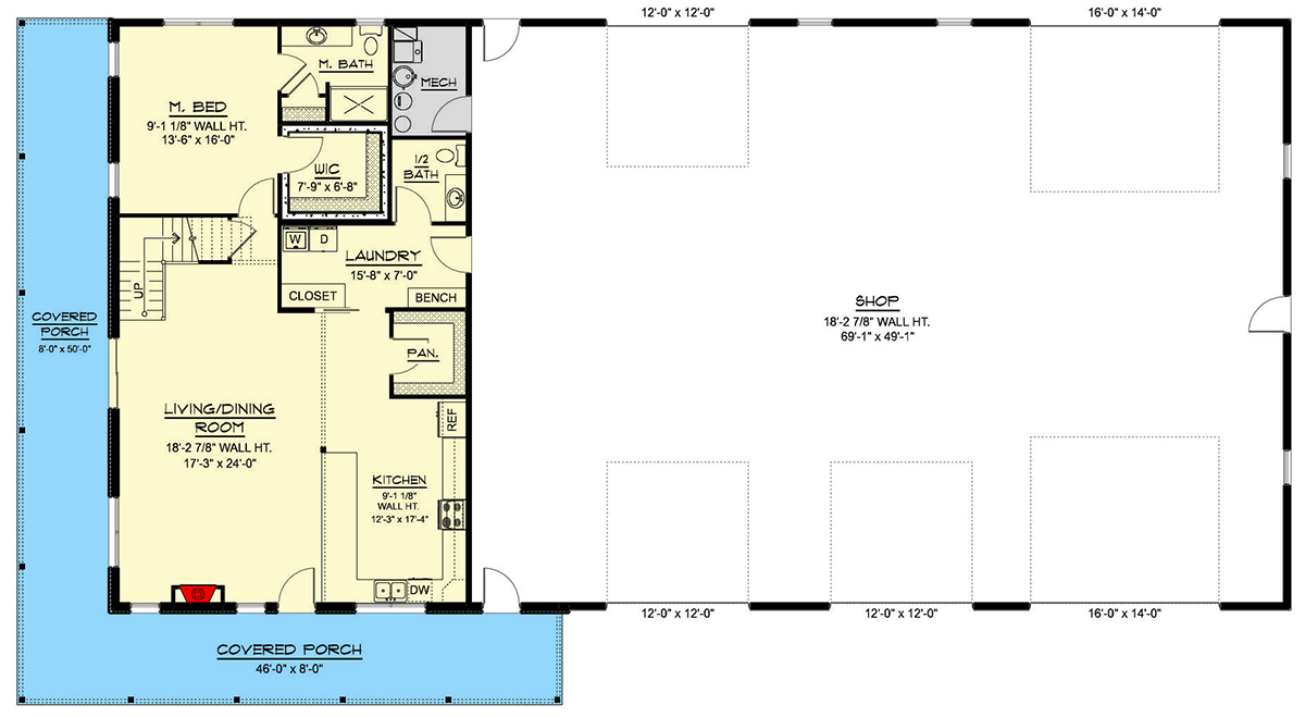 Plan 135411GRA: Spacious Barndominium House Plan: 4-Car Garage, Workshop, Wrap-Around Porch - Floor Plan - Main Level - Barndominium, Country, Farmhouse