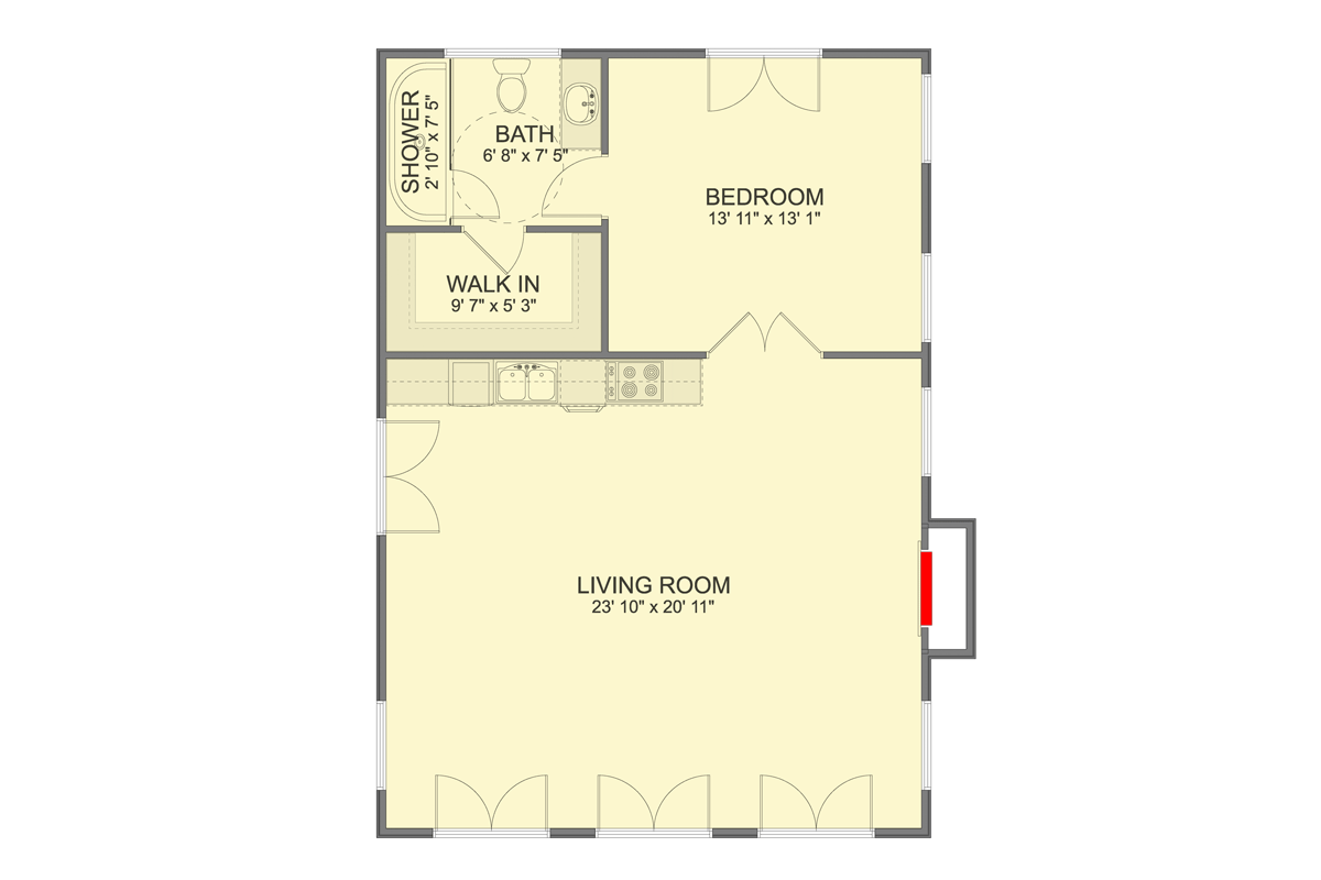 Plan 61712UT: Sophisticated 870 Square Foot European ADU House Plan with Arched Entryways - Floor Plan - Main Level - European