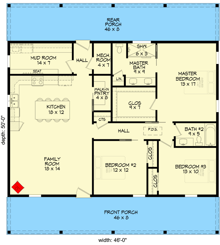 Plan 680652VR: 1564 Sq Ft Cottage House Plan with Split Bedrooms and Dual Covered Porches - Floor Plan - Main Level - Cottage, Country, Ranch