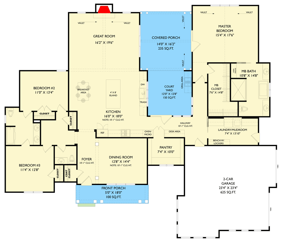 Plan 750027LDG: Modern Farmhouse Ranch House Plan with Vaulted Great Room and Split Beds - Floor Plan - Main Level - Farmhouse, Modern Farmhouse, Ranch, Transitional