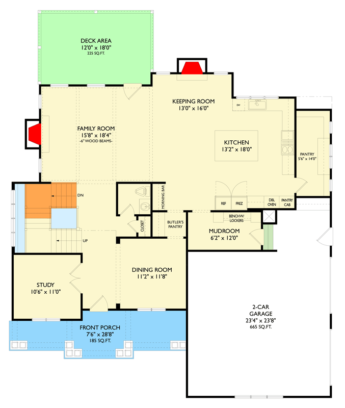 Plan 750028LDG: Modern Tudor House Plan with Keeping Room and Study - Floor Plan - Main Level - New American, Traditional, Tudor