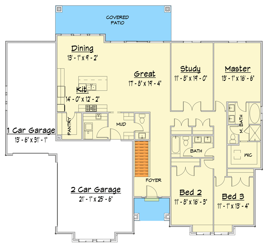Plan 910122WHD: Single-Story Modern Farmhouse Plan with Study and 3-Car Garage - Floor Plan - Main Level - Farmhouse, Modern, Modern Farmhouse