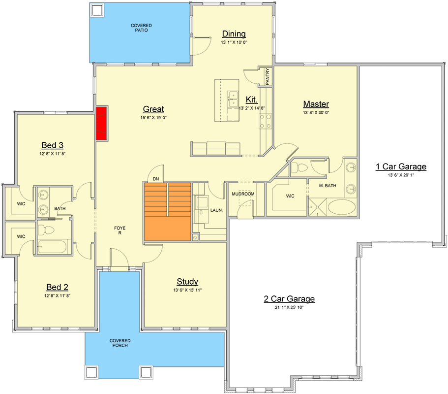 Plan 910132WHD: Craftsman Style House Plan with 3 or 5 Bedrooms and 3-Car Garage - Floor Plan - Main Level - Country, Craftsman, Mountain, New American, Ranch