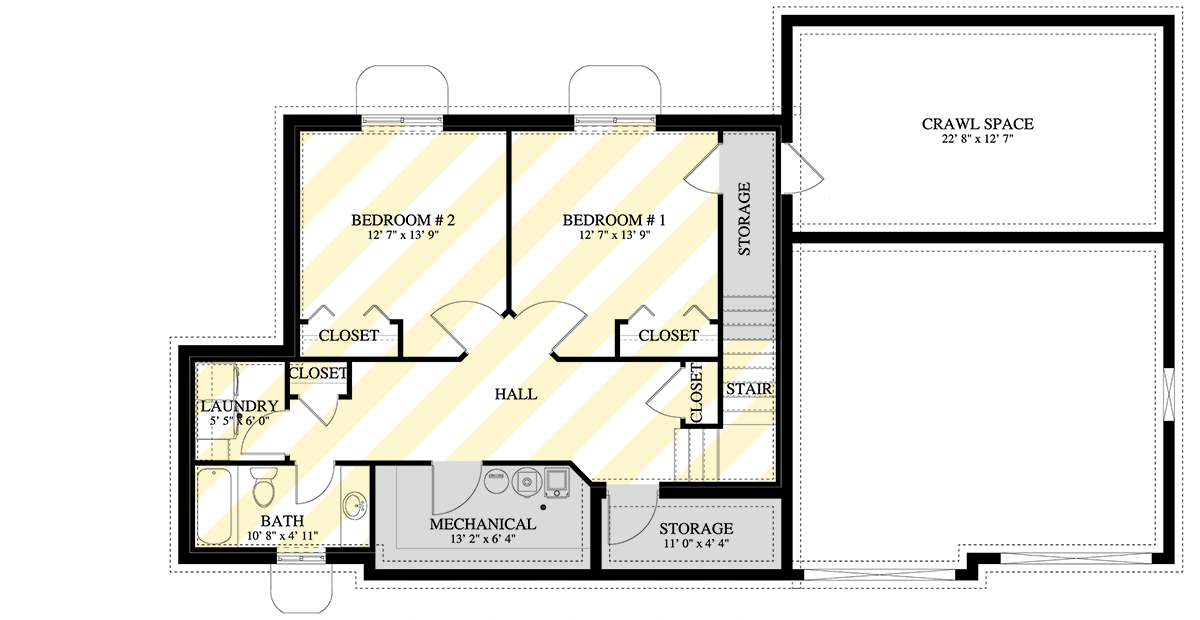 Plan 61722UT: Ranch Style House Plan with 1 Bedroom and 1 Bath - Floor Plan - Unfinished Basement
 - Ranch, Rustic