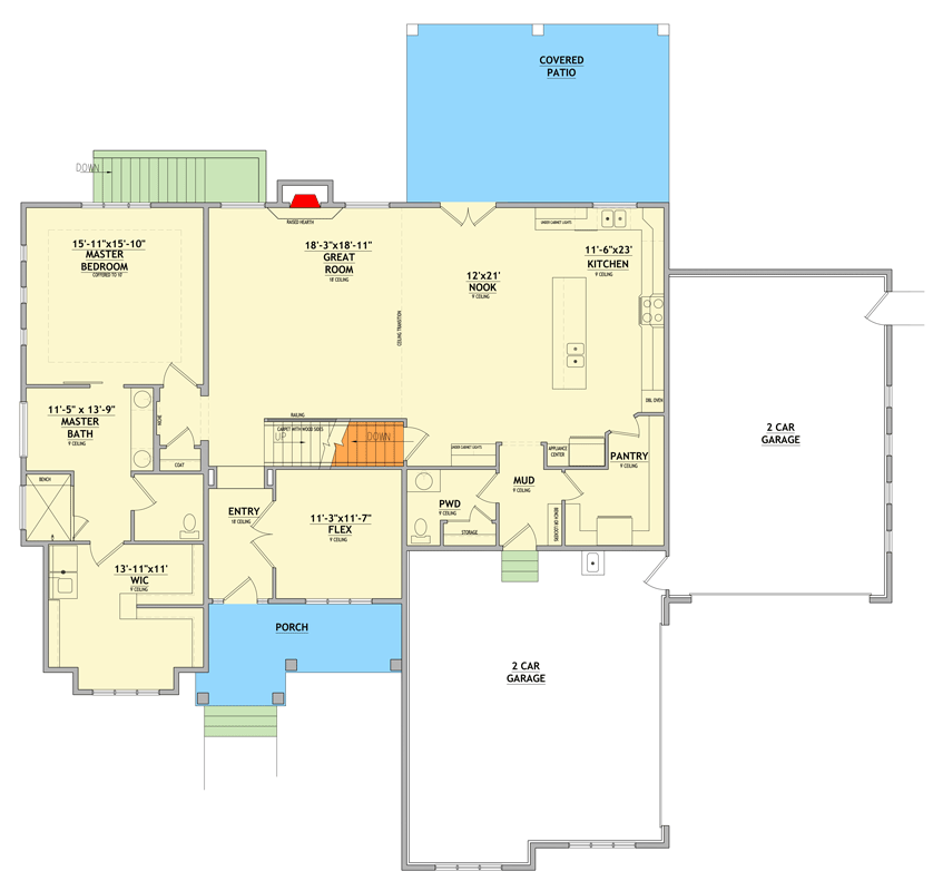 Plan 849058PGE: 4-Bedroom Craftsman Farmhouse Plan with First Floor Master Suite - Floor Plan - Main Level - Craftsman, Farmhouse, Traditional