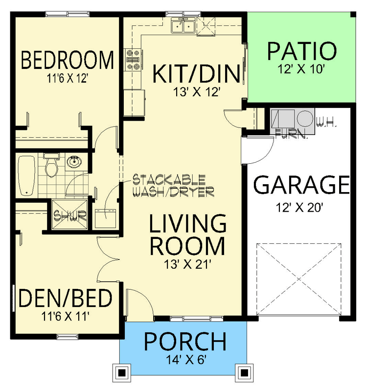Plan 267102SPK: 909 Square Foot Two Bed Craftsman Bungalow Plan with Garage - Floor Plan - Main Level - Bungalow, Cottage, Craftsman, Traditional