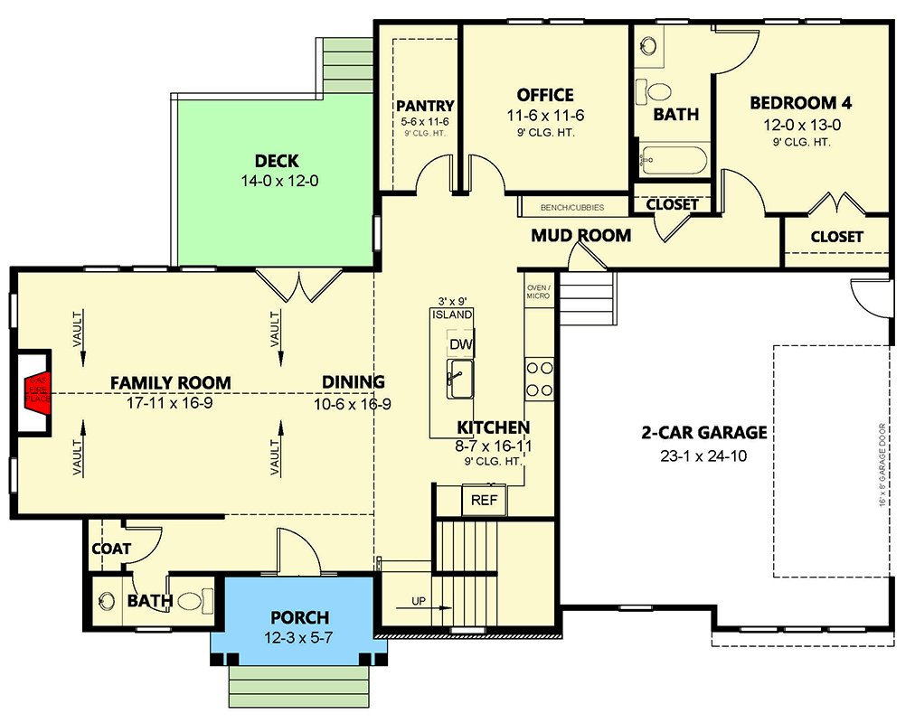 Plan 260033RVC: 4-Bed Modern Contemporary House Plan with Vaulted Great Room and Loft - Floor Plan - Main Level - Contemporary, Craftsman, Modern, Transitional