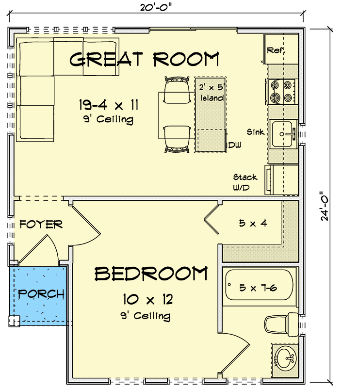 Plan 52518WM: One-Bedroom Modern Cottage House Plan with 448 Square Feet - Floor Plan - Main Level - Cottage, Modern, Traditional