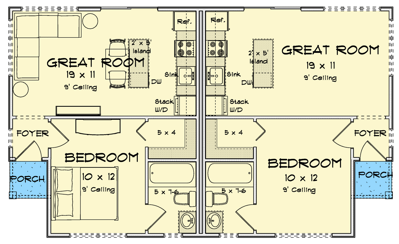 Plan 52522WM: Two-Bedroom Cottage Duplex House Plan with Open Living - Floor Plan - Main Level - Cottage, Traditional