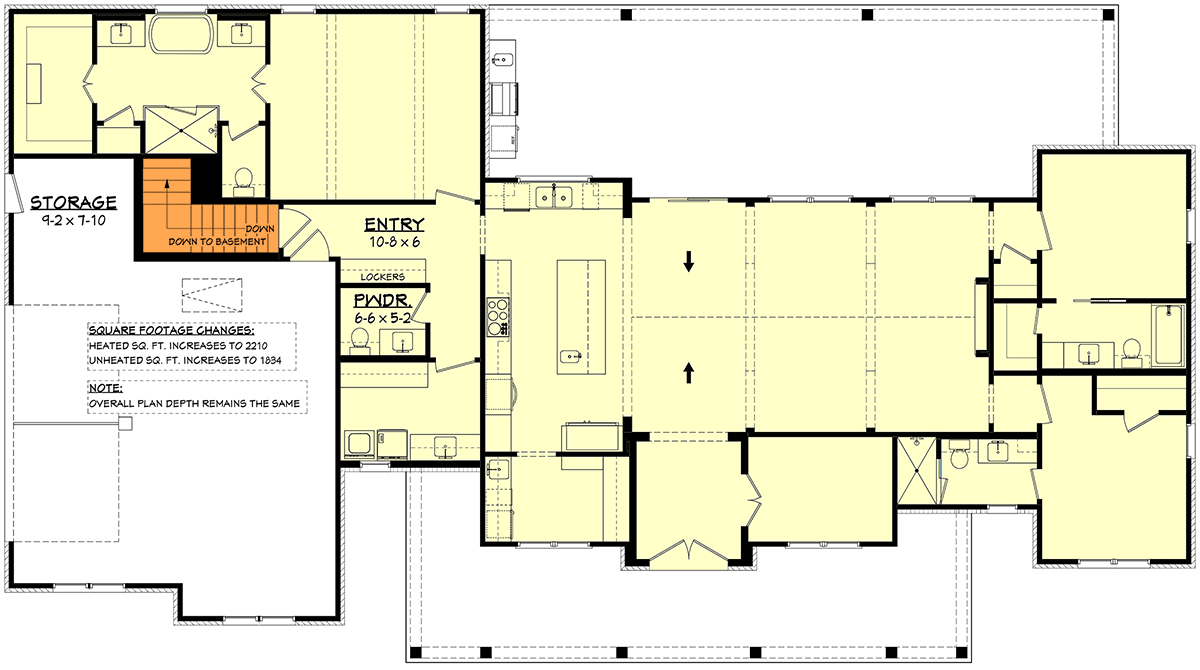 Plan 52030HZ: Modern Farmhouse House Plan with Split Bedrooms and Home Office - Floor Plan - Basement Stairs Location - Farmhouse, Modern Farmhouse, Transitional