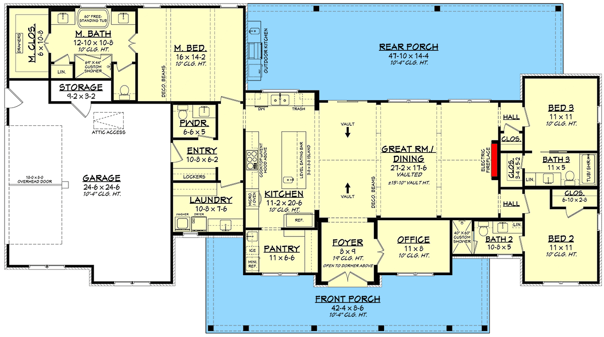 Plan 52030HZ: Modern Farmhouse House Plan with Split Bedrooms and Home Office - Floor Plan - Main Level - Farmhouse, Modern Farmhouse, Transitional