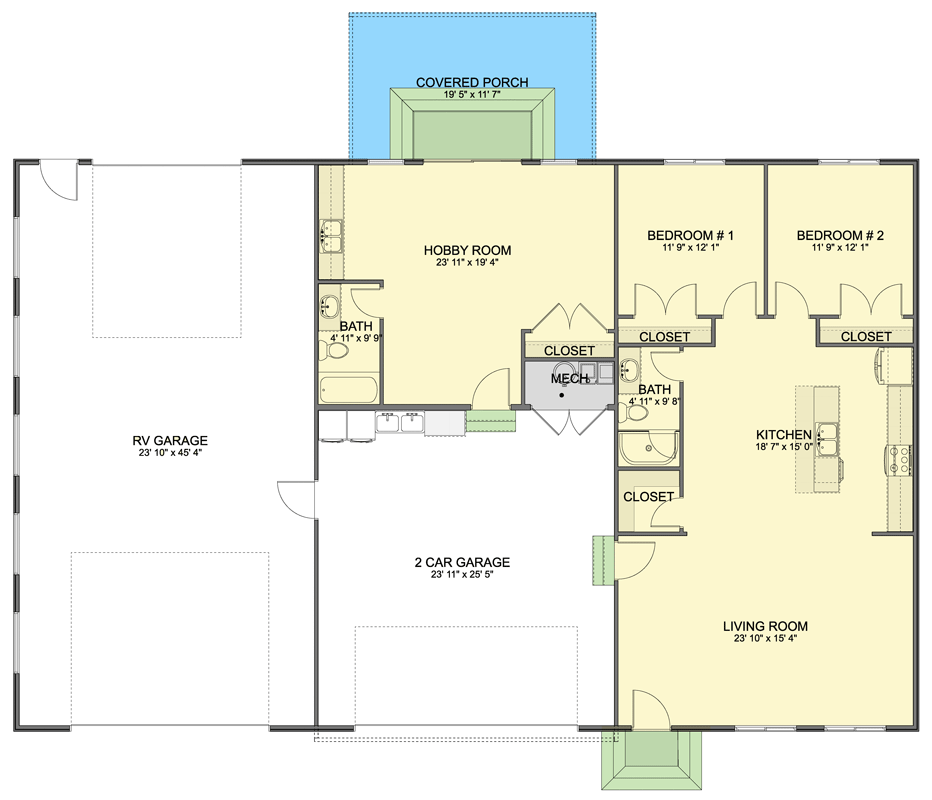 Plan 61731UT: Barndominium House Plan with 2 Beds, 2 Baths, and Large Garage - Floor Plan - Main Level - Barndominium