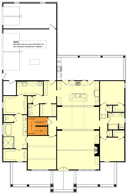 Plan 52031HZ: Single Story Modern Farmhouse House Plan with 3-Car Garage and Workshop - Floor Plan - Basement Stairs Location - Farmhouse, Modern Farmhouse, Southern