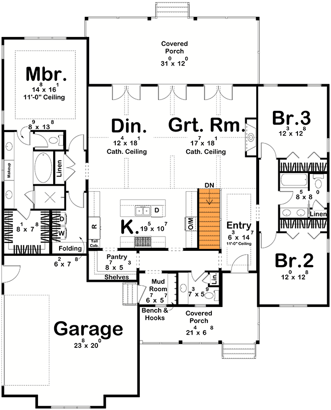 Plan 623604DJ: Modern Farmhouse House Plan with 3 Bedrooms and Split Bedroom Layout - Floor Plan - Basement Stairs Location - Farmhouse, Modern Farmhouse