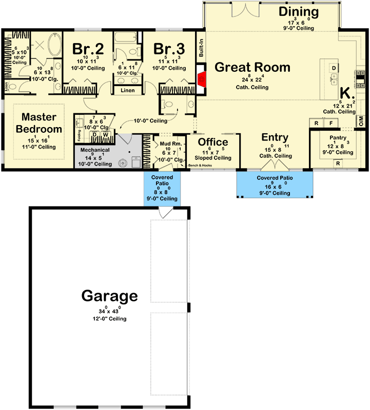 Plan 623605DJ: Barndominium House Plan: 2,572 Sq Ft, 3 Beds, 2 Baths, 4-Car Garage - Floor Plan - Main Level - Barndominium, Contemporary, New American