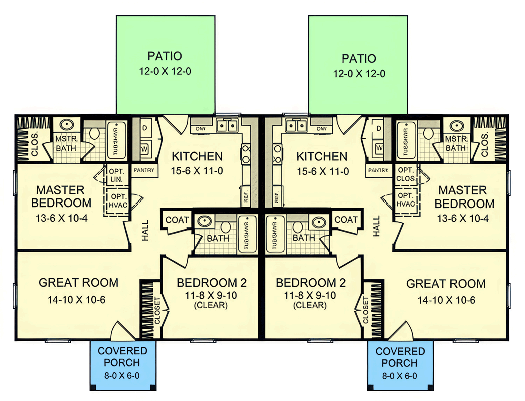 Plan 51368MM: Country Duplex House Plan with 4 Beds and Split Layouts - Floor Plan - Main Level - Country, Ranch, Traditional